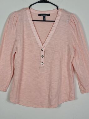 White House Black Market WHBM Henley Top 3/4 Sleeve V-Neck Size M Puff Sleeve